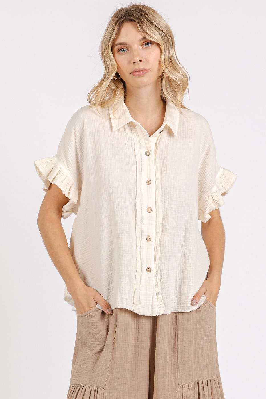 mittoshop - MINERAL WASH GAUZE RUFFLE SHORT SLEEVE SHIRT