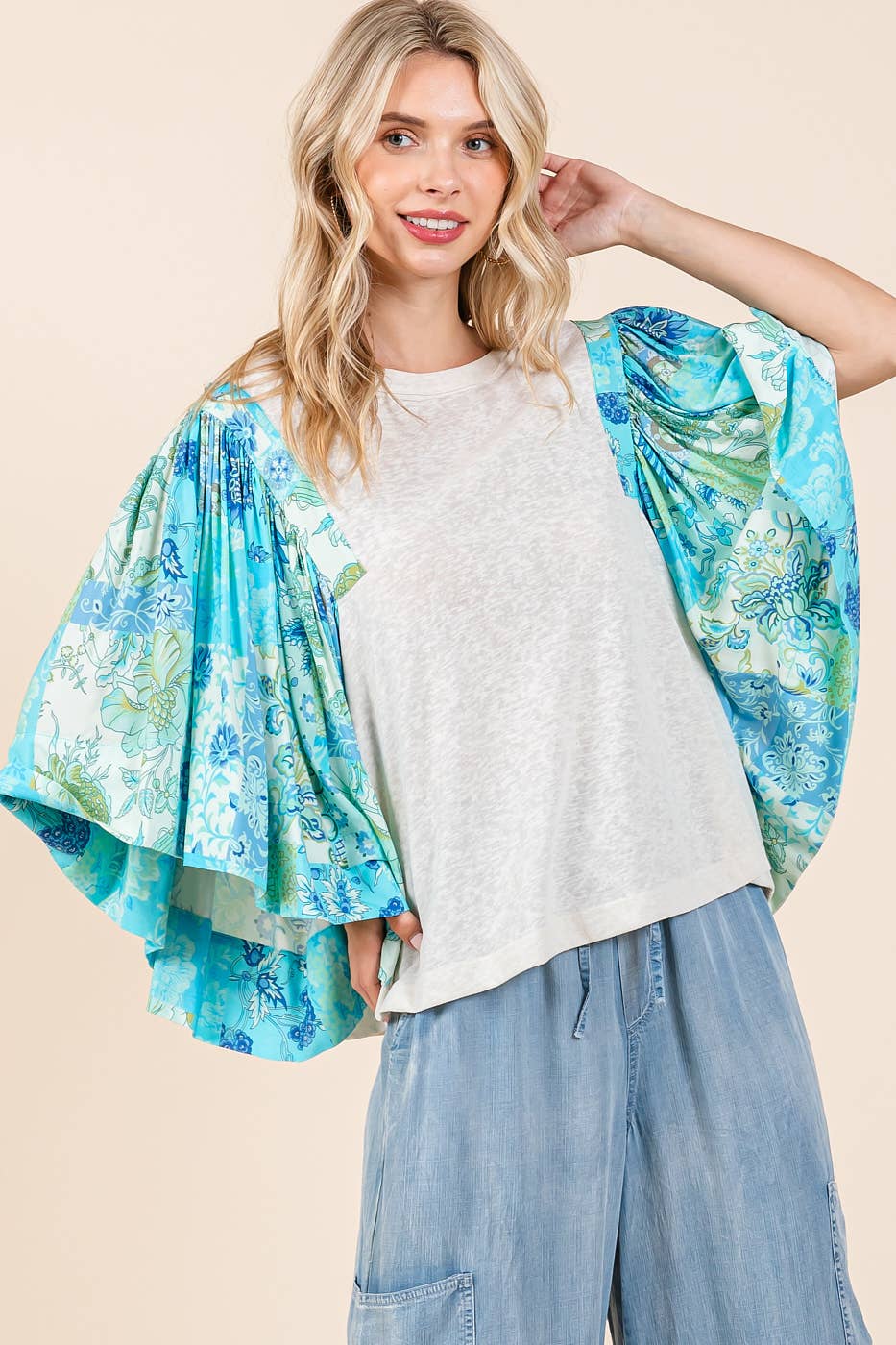 mittoshop - FLORAL PATCHWORK PRINT RUFFLE FLUTTER SLEEVE TOP