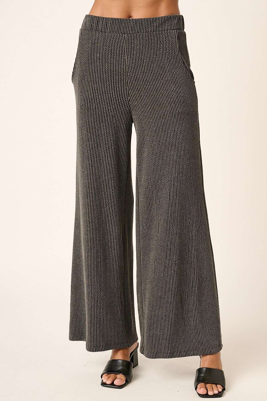 mittoshop - P9662-RIB KNIT TEXTURE ELASTIC WAIST WIDE LEG PANTS