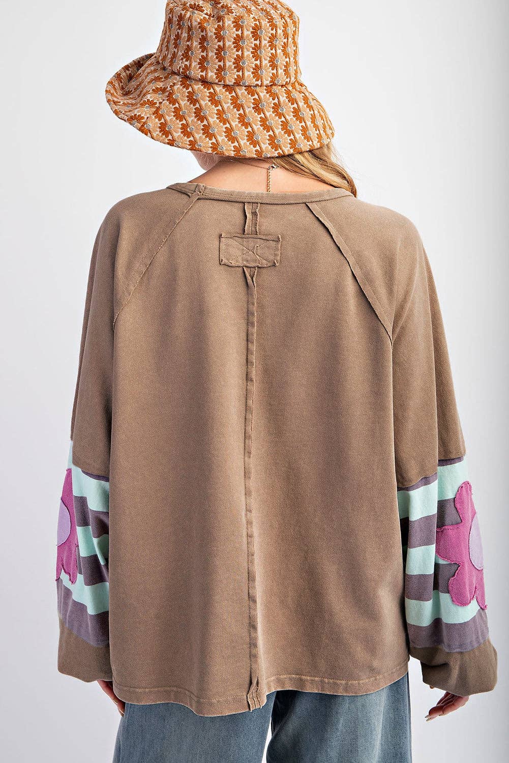 Lovesoft - Flower Patchwork Raglan Sleeve Exposed Seam Oversized Top