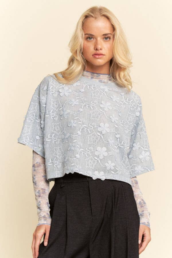 Davi & Dani - FLORAL RUFFLE SHORT SLEEVE BABYDOLL MESH TOP