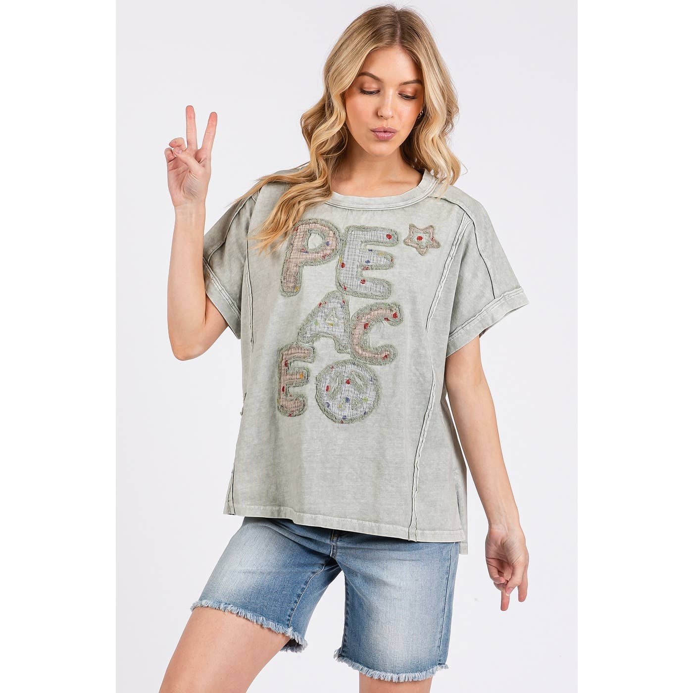 mittoshop - PEACE SIGN LETTERING PATCHWORK SHORT SLEEVE TOP