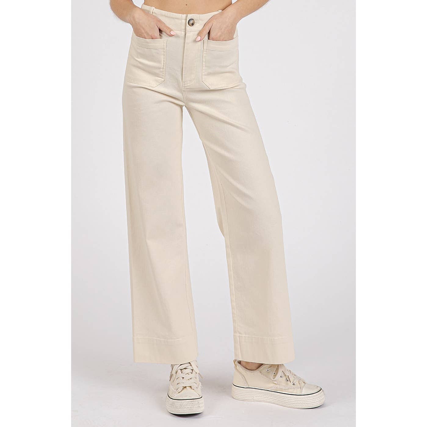 mittoshop - TWILL PATCH POCKET HIGH RISE WIDE LEG PANTS