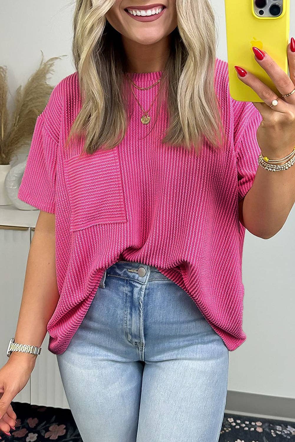 Lovesoft - Turquoise Corded Knit Pocketed Loose Fit T Shirt
