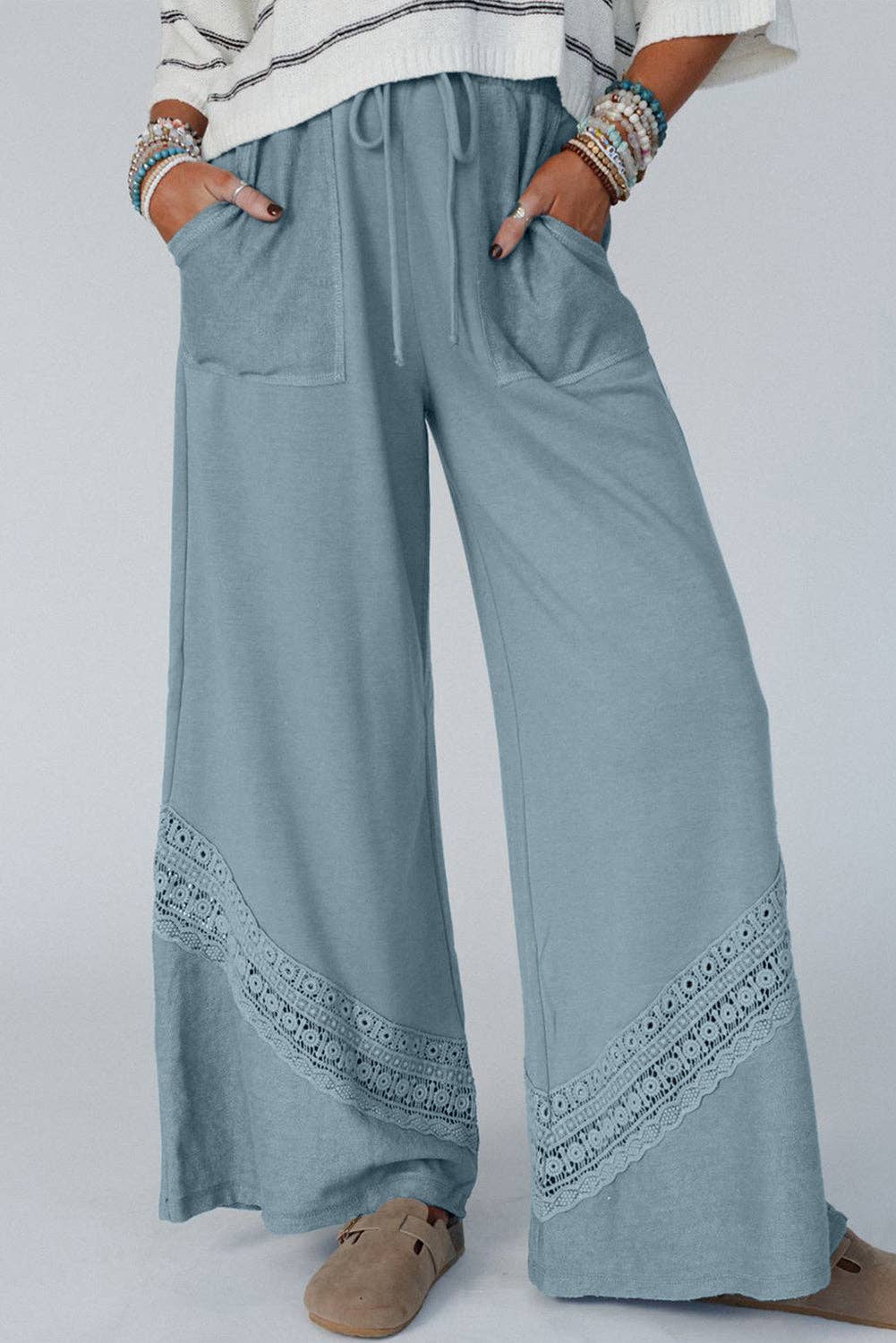 Lovesoft - Dusk Blue Lace Crochet Patched Lace-up High Waist Wide Leg Pants