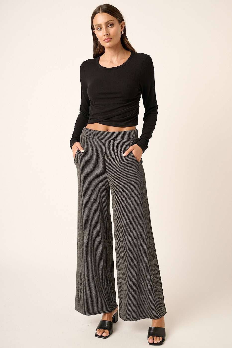 mittoshop - P9662-RIB KNIT TEXTURE ELASTIC WAIST WIDE LEG PANTS