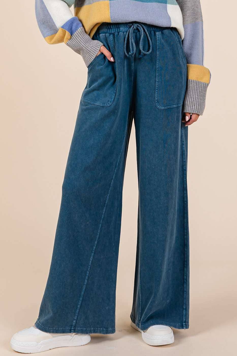 mittoshop - MINERAL WASH FRENCH TERRY WIDE LEG PANTS
