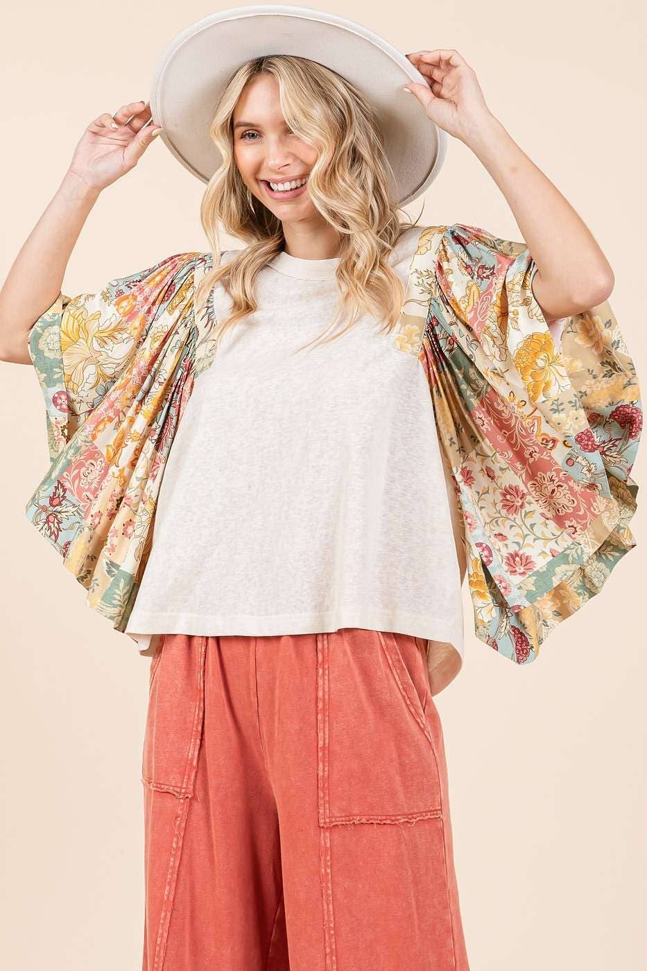mittoshop - FLORAL PATCHWORK PRINT RUFFLE FLUTTER SLEEVE TOP
