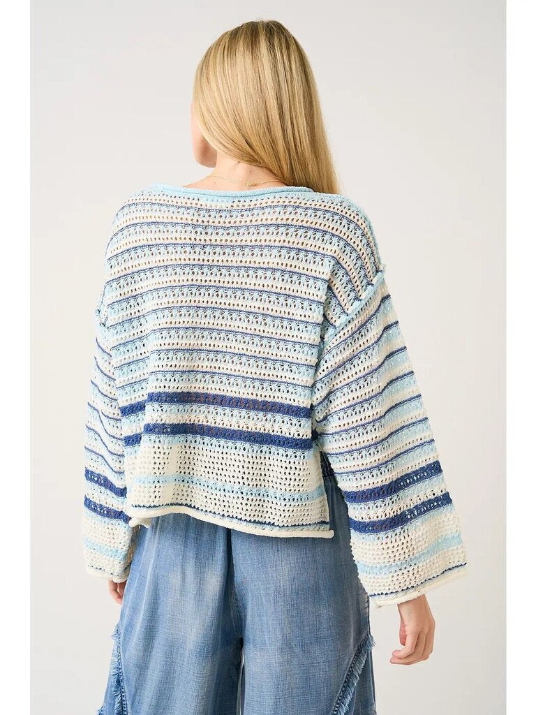 Striped Crochet Knit Boxy Long Sleeve Sweater