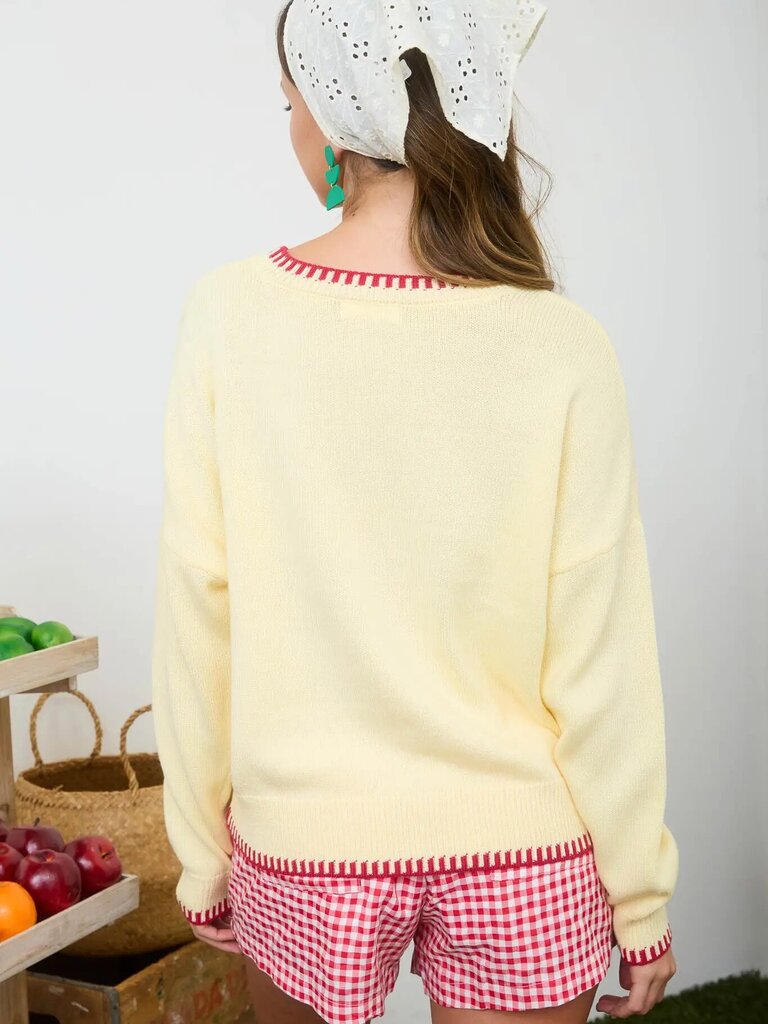 Strawberry Motif Contrast Stitch Knit Pullover