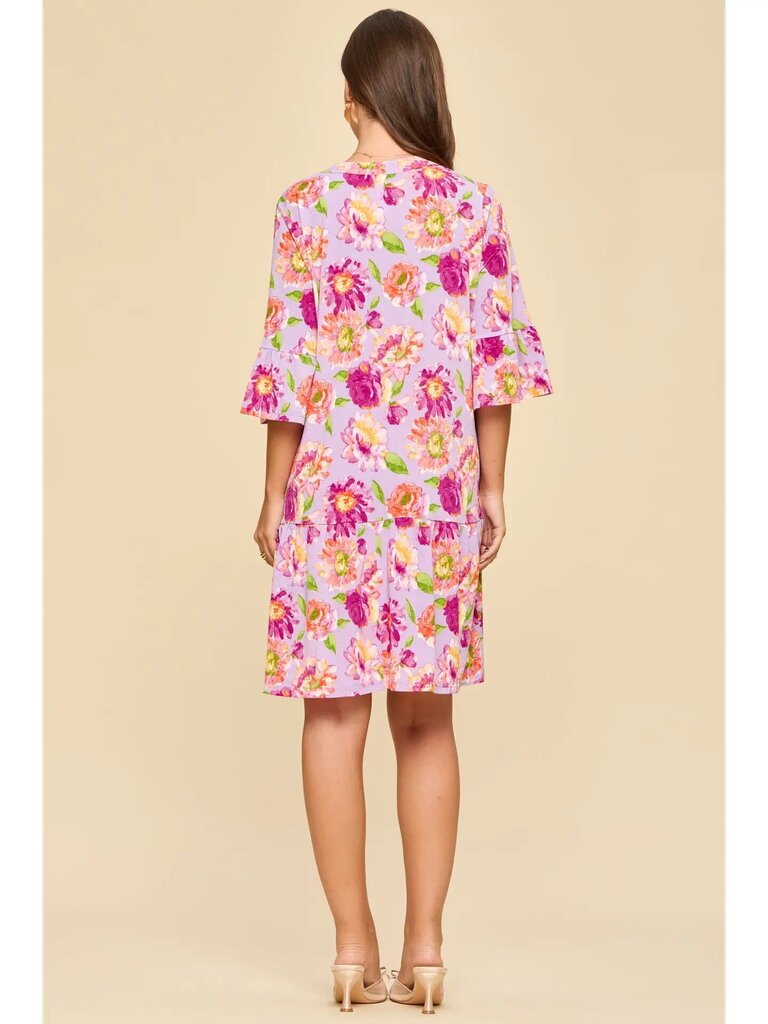 Floral Print Shirred Tiered 3/4 Sleeve Dress