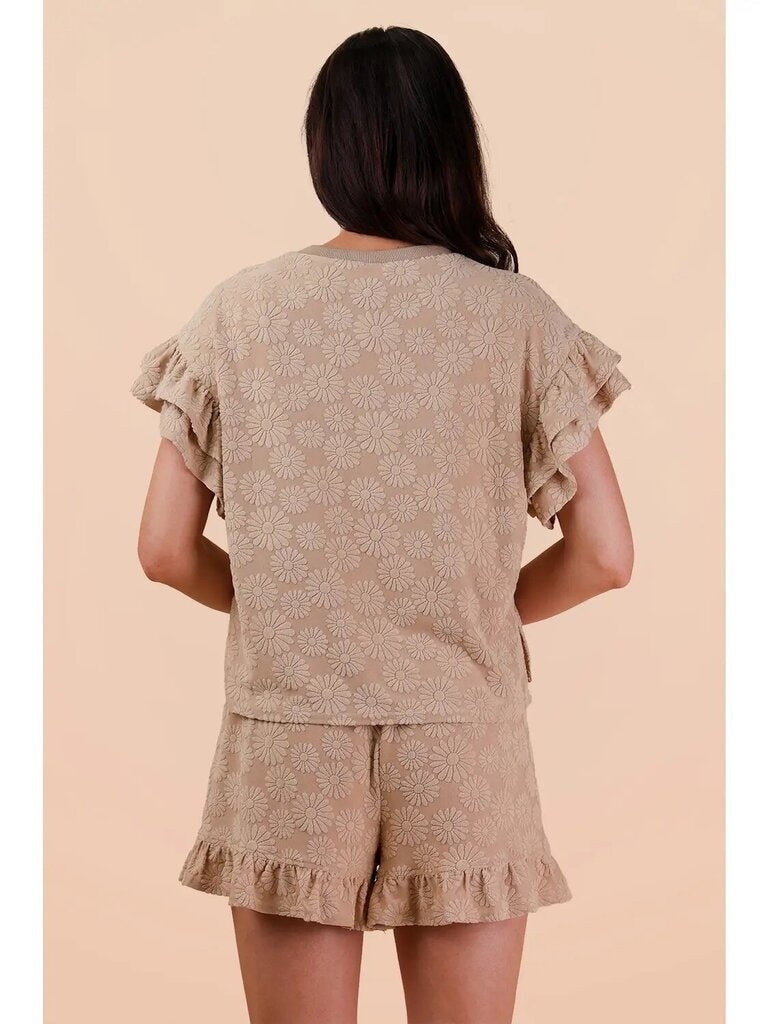 Floral textured ruffle knit top and shorts SET