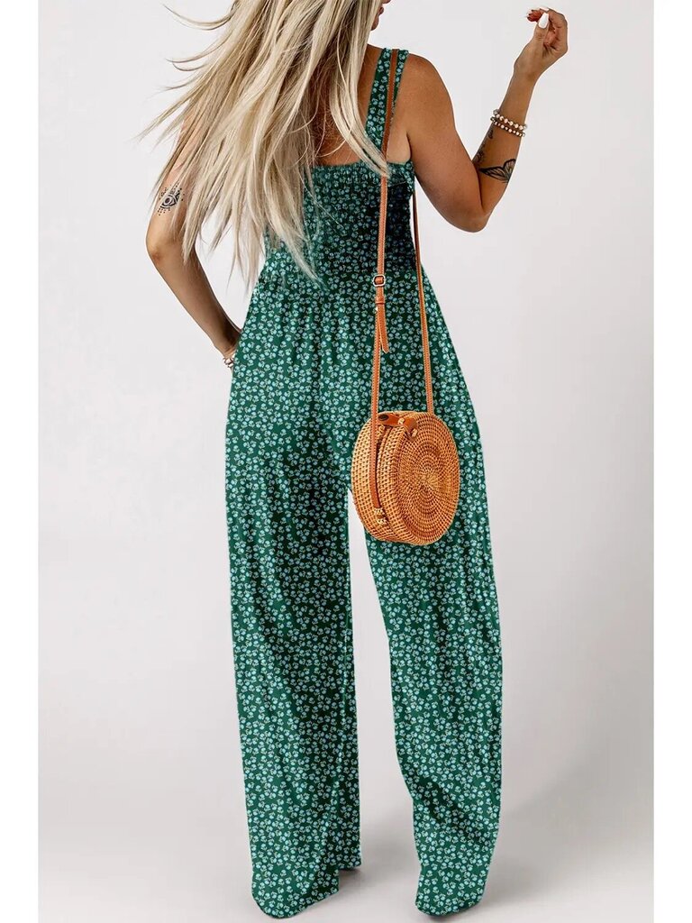 Floral print smocked high waist jumpsuit