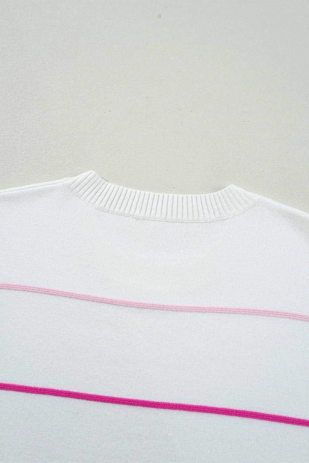 Lovesoft - White Colorblock Striped Half Sleeve Drop Shoulder Sweater