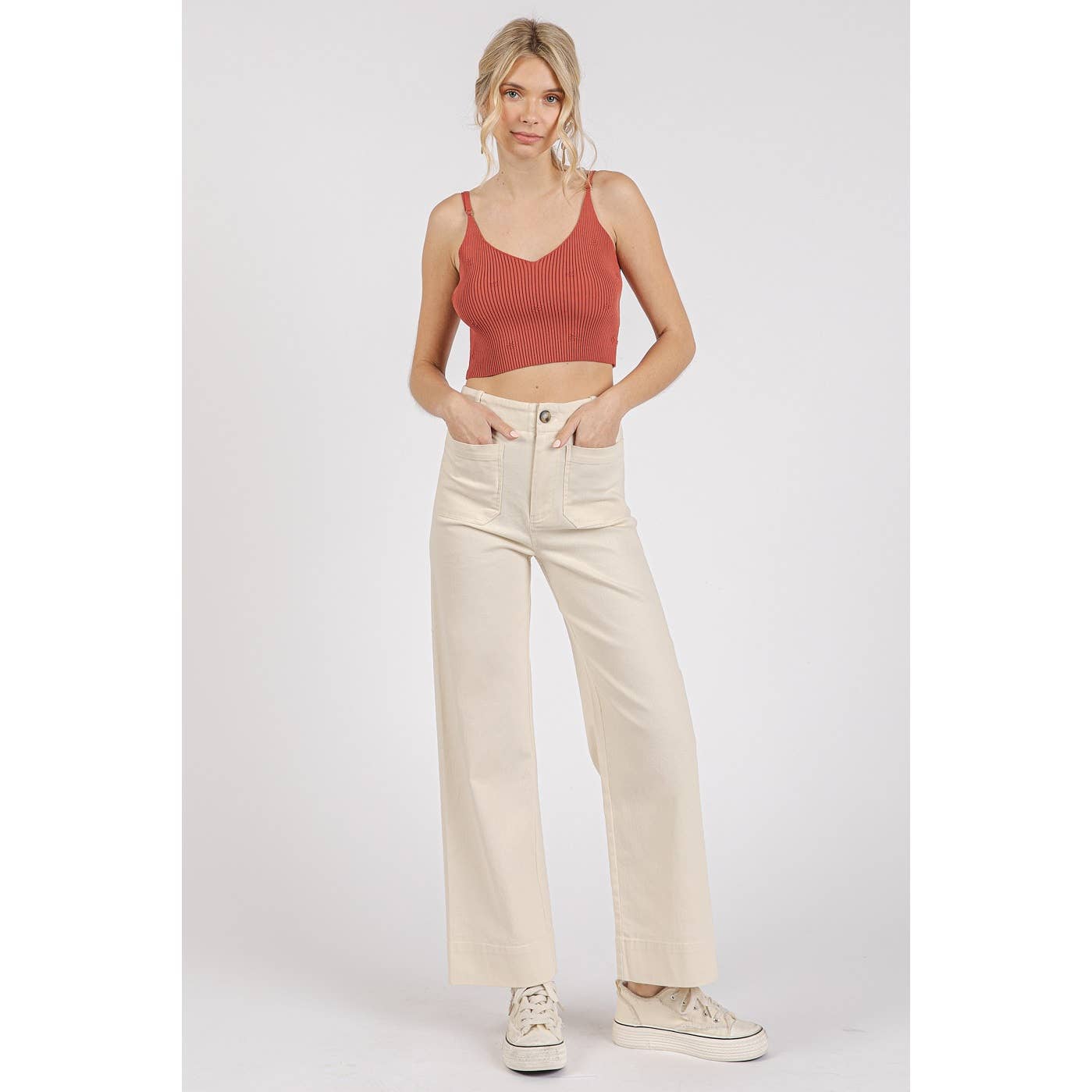 mittoshop - TWILL PATCH POCKET HIGH RISE WIDE LEG PANTS