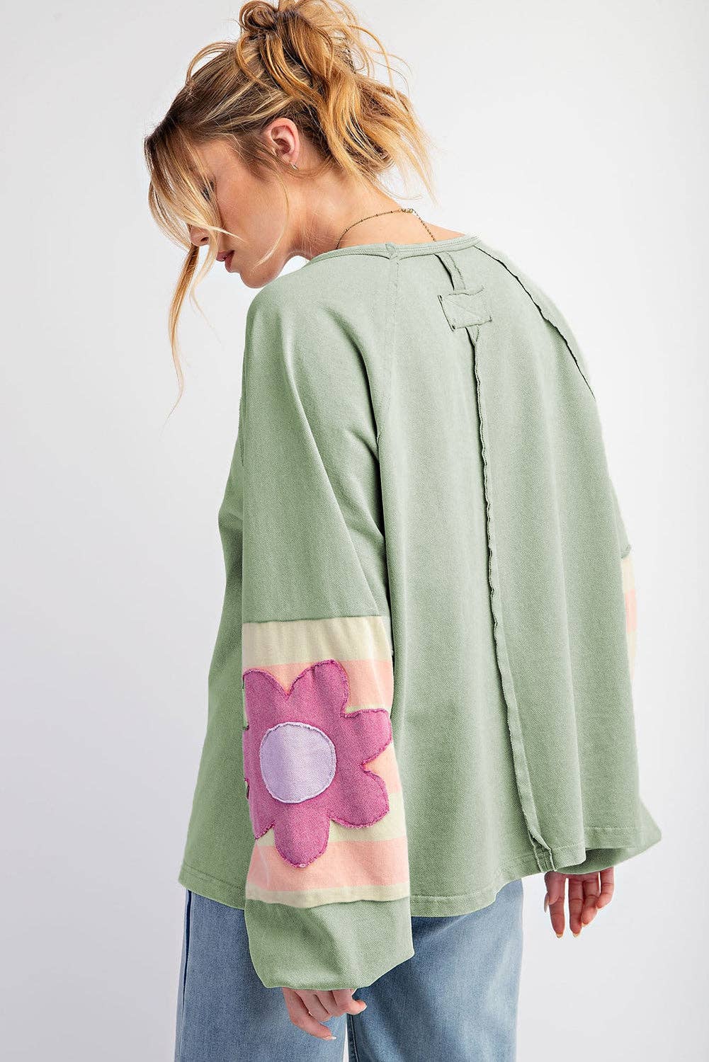 Lovesoft - Flower Patchwork Raglan Sleeve Exposed Seam Oversized Top