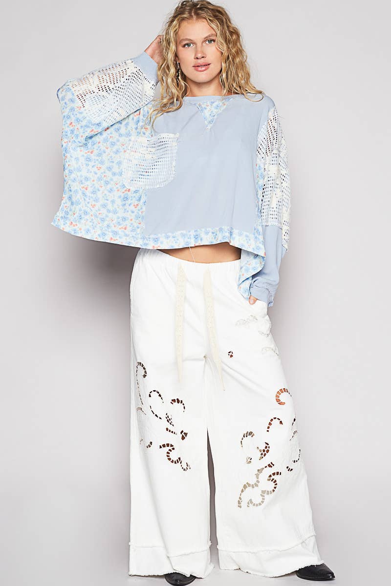 Pol Clothing - Round neck long sleeve floral print contrast top