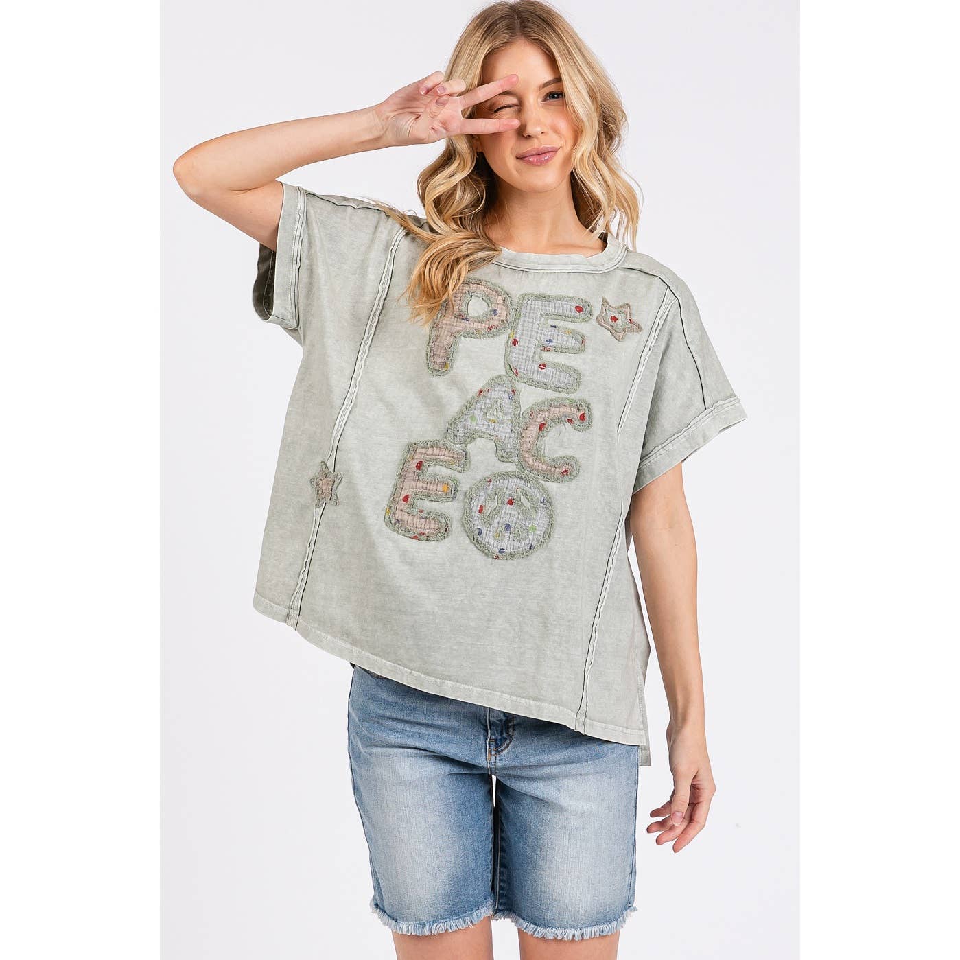 mittoshop - PEACE SIGN LETTERING PATCHWORK SHORT SLEEVE TOP