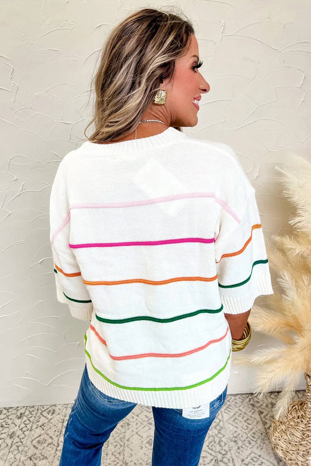 Lovesoft - White Colorblock Striped Half Sleeve Drop Shoulder Sweater