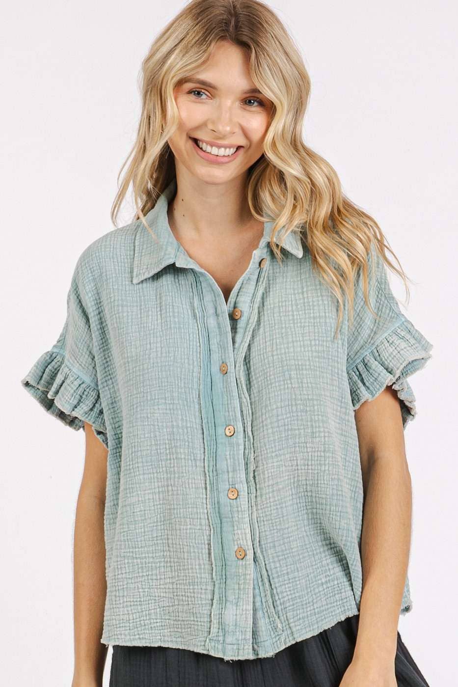 mittoshop - MINERAL WASH GAUZE RUFFLE SHORT SLEEVE SHIRT