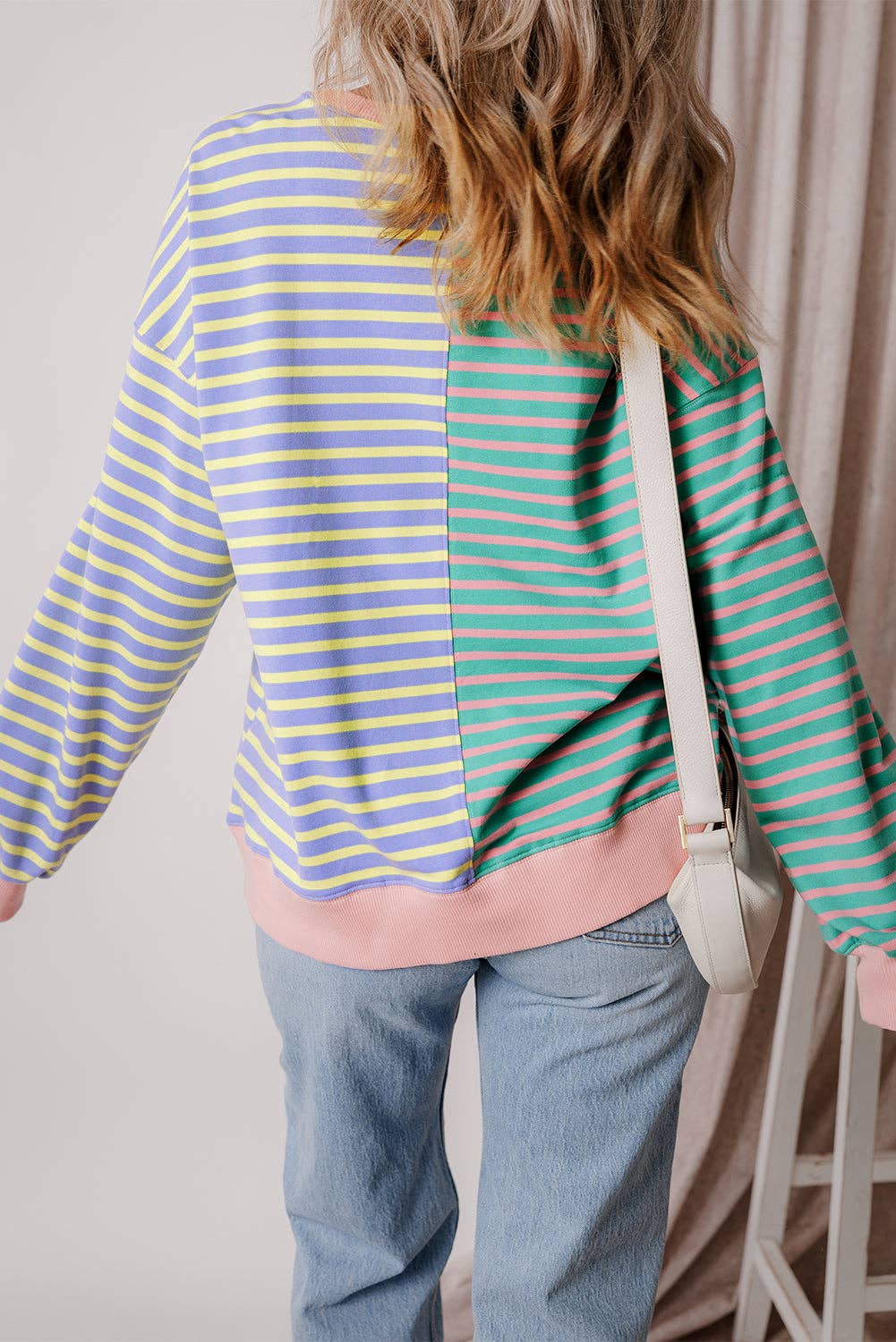 Lovesoft - Casual Stripe Colorblock Drop Shoulder Oversize Sweatshirt