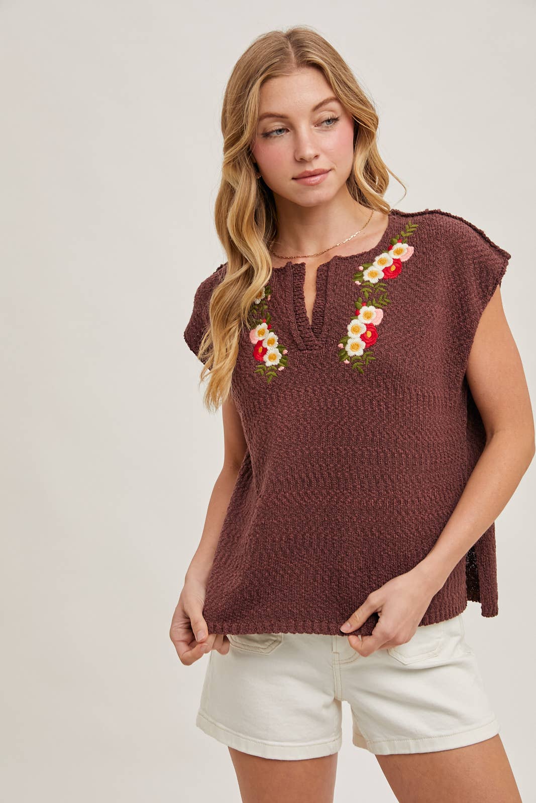 Bluivy - EMBROIDERED NOTCH NECK KNIT TOP