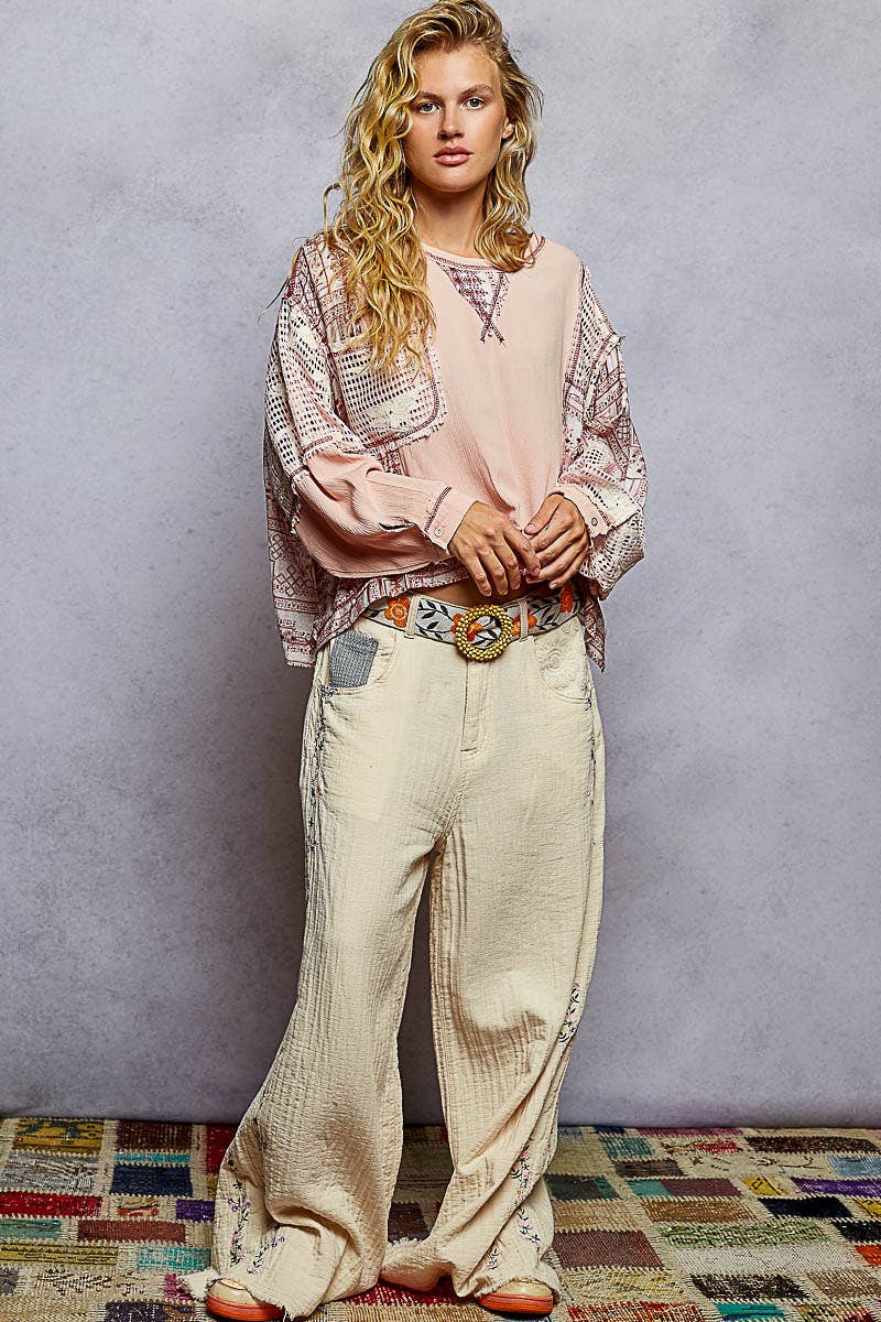 Pol Clothing - Round neck long sleeve floral print contrast top