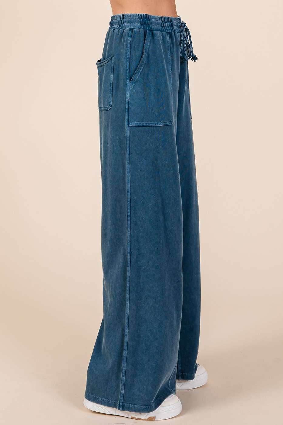 mittoshop - MINERAL WASH FRENCH TERRY WIDE LEG PANTS
