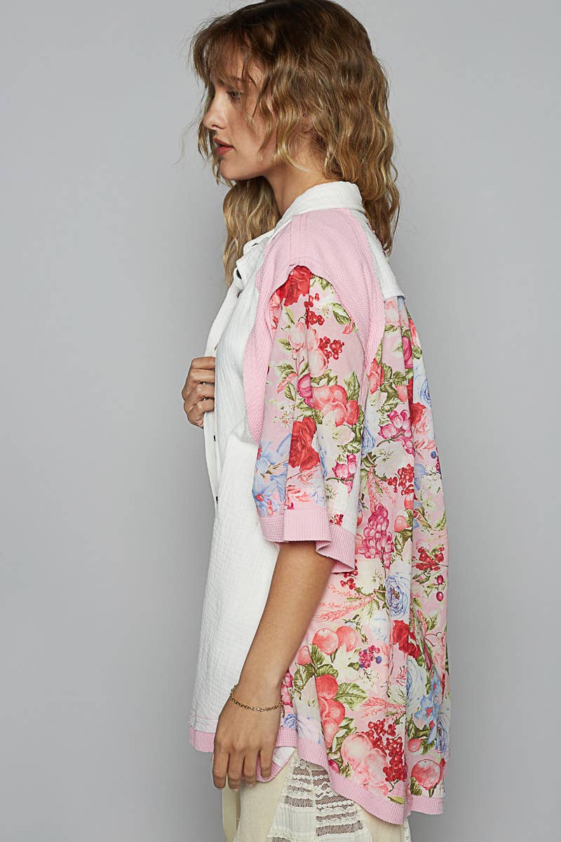 Pol Clothing - Short sleeve collared floral printed shirt top