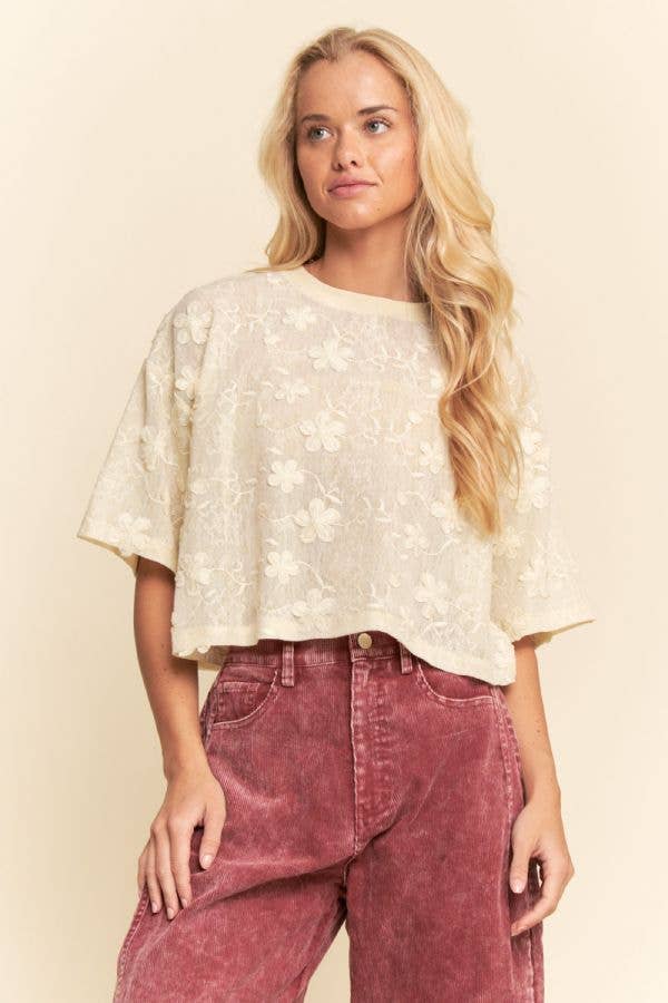 Davi & Dani - FLORAL RUFFLE SHORT SLEEVE BABYDOLL MESH TOP