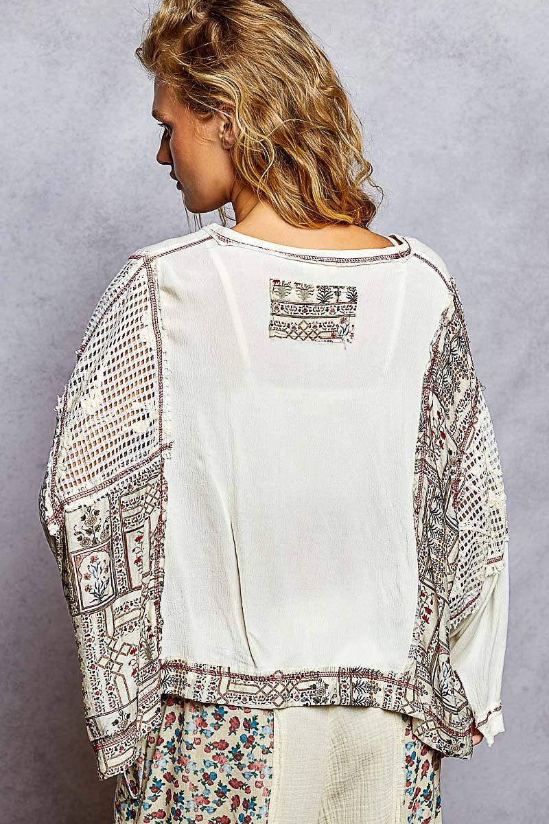 Pol Clothing - Round neck long sleeve floral print contrast top
