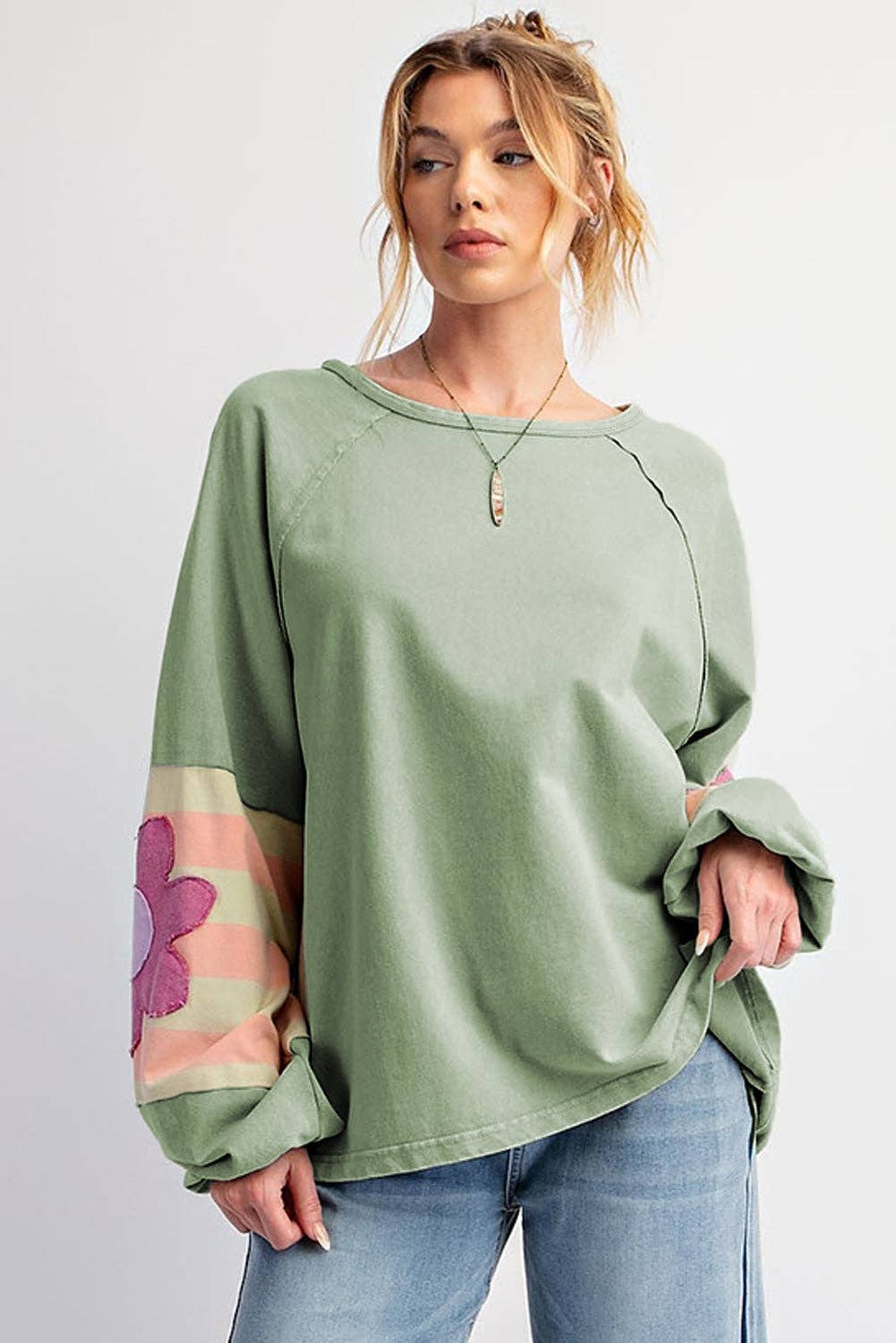 Lovesoft - Flower Patchwork Raglan Sleeve Exposed Seam Oversized Top