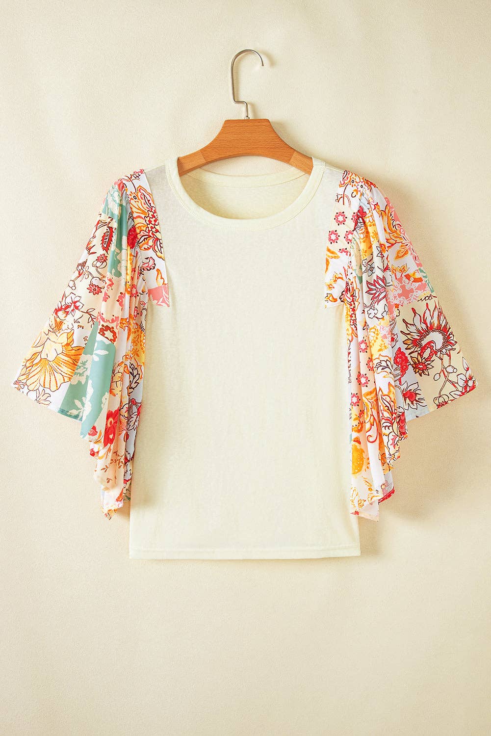 Lovesoft - Beige Floral Patchwork Half Batwing Sleeve Blouse