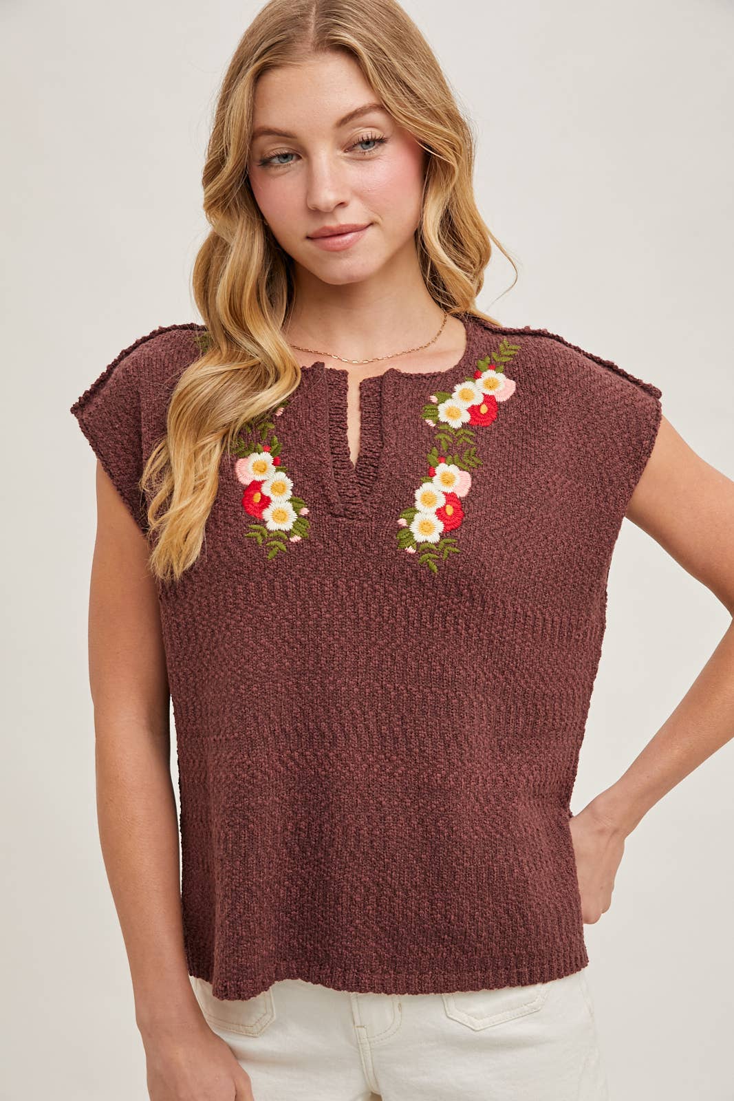 Bluivy - EMBROIDERED NOTCH NECK KNIT TOP