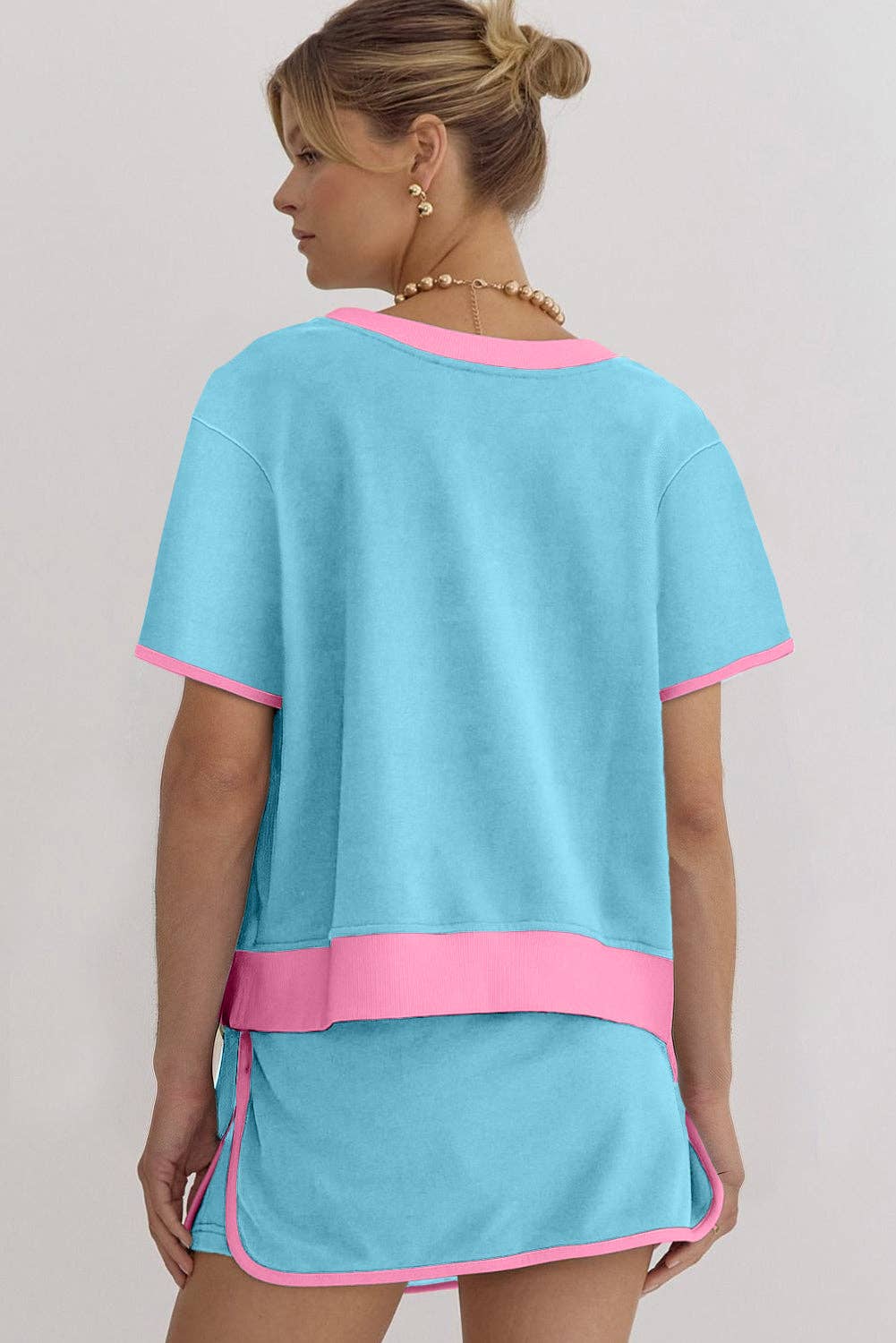Lovesoft - Bonbon Colorblock Edge Drop Shoulder T Shirt and Skort 2Pcs Set