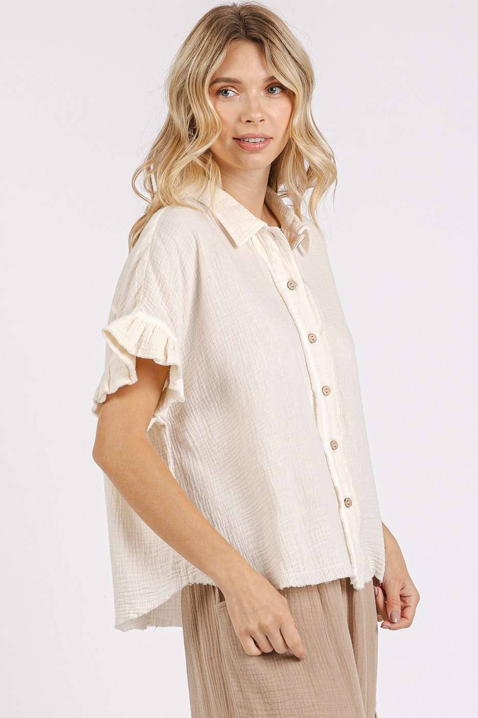 mittoshop - MINERAL WASH GAUZE RUFFLE SHORT SLEEVE SHIRT