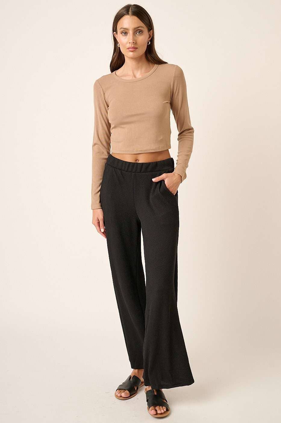 mittoshop - P9662-RIB KNIT TEXTURE ELASTIC WAIST WIDE LEG PANTS