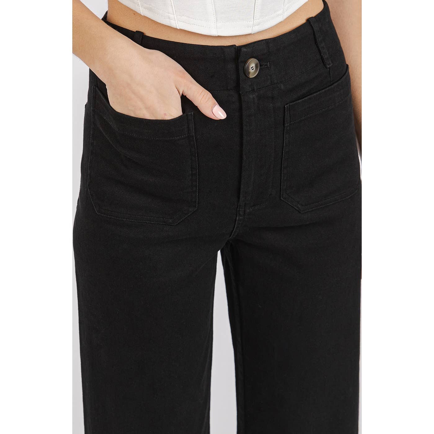 mittoshop - TWILL PATCH POCKET HIGH RISE WIDE LEG PANTS