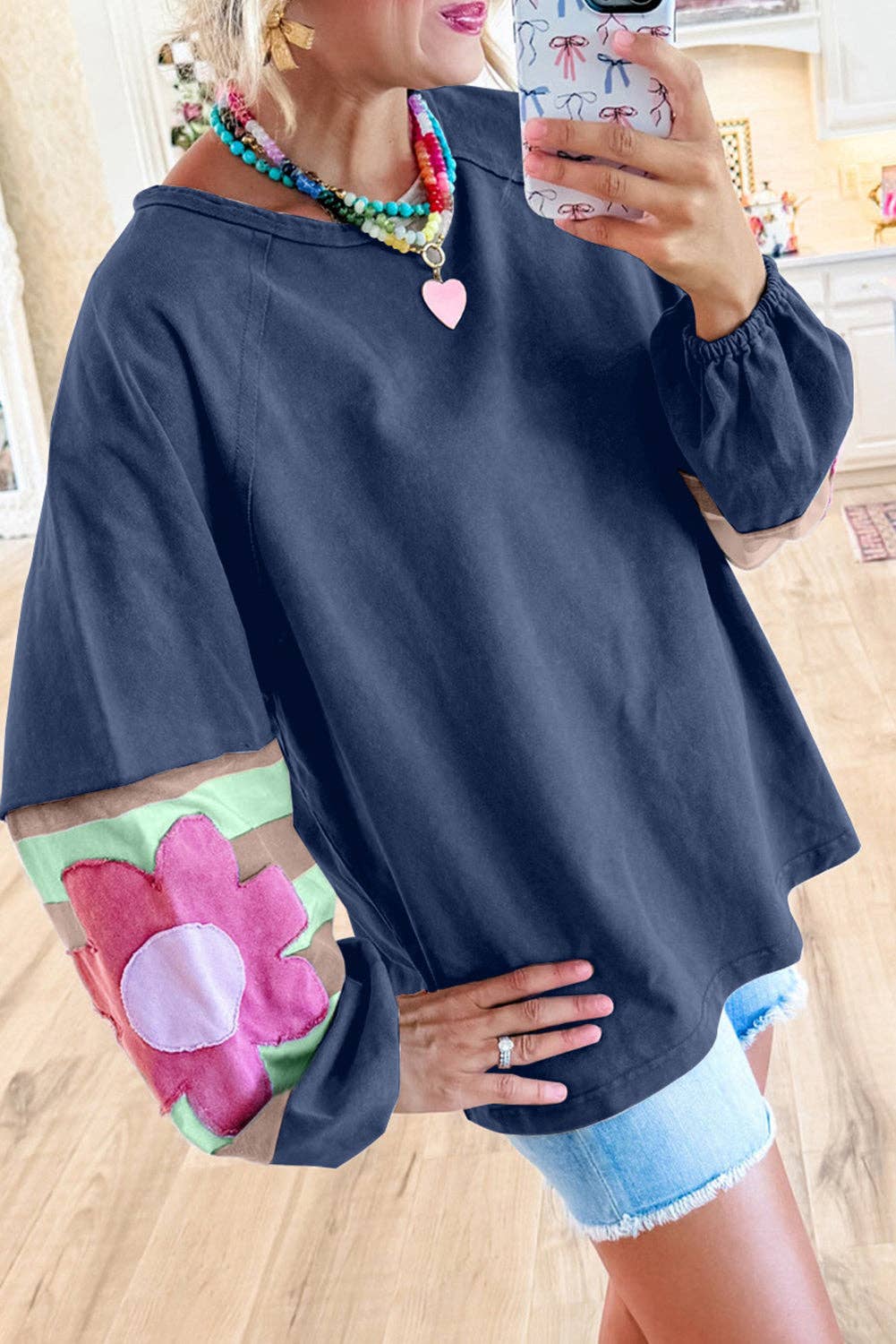 Lovesoft - Flower Patchwork Raglan Sleeve Exposed Seam Oversized Top