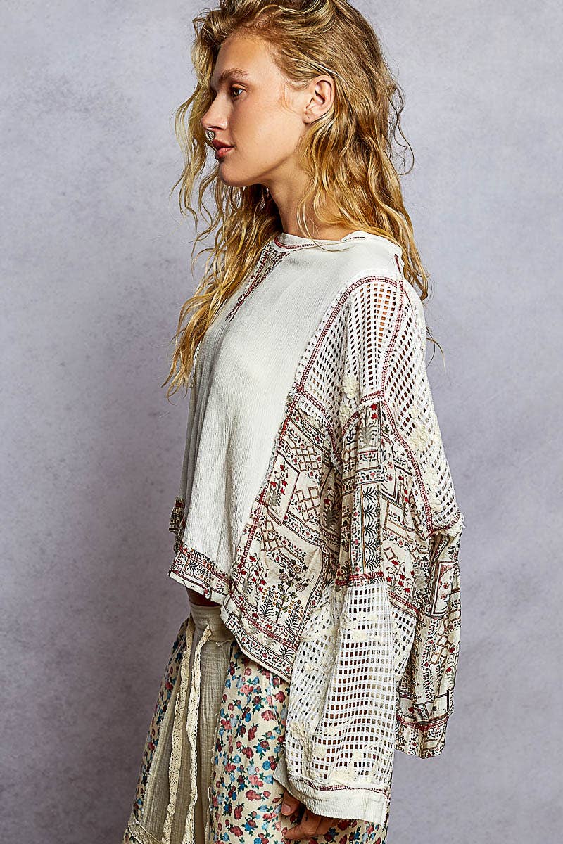 Pol Clothing - Round neck long sleeve floral print contrast top