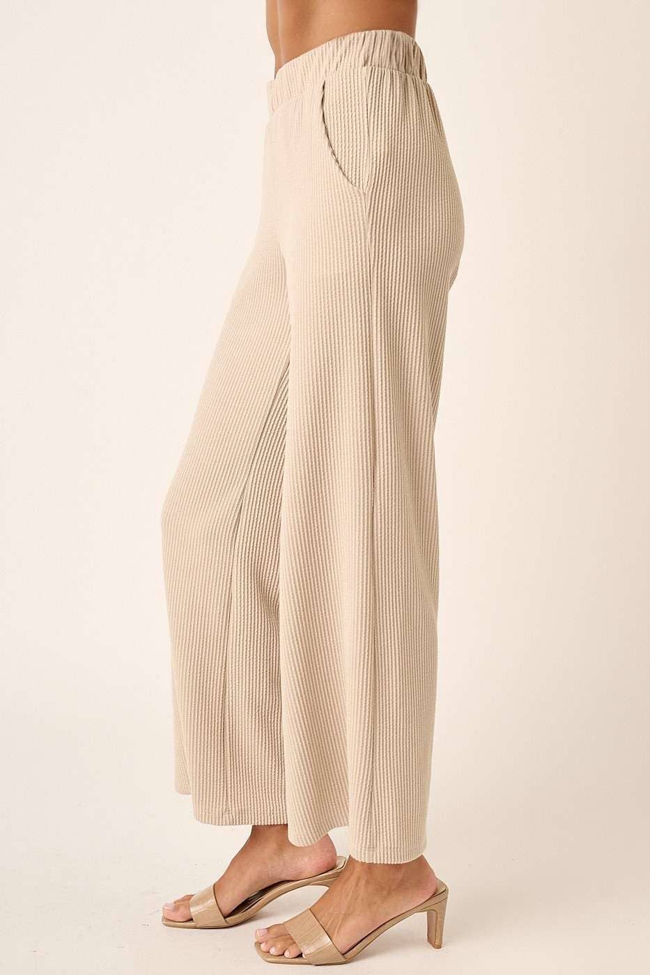mittoshop - P9662-RIB KNIT TEXTURE ELASTIC WAIST WIDE LEG PANTS