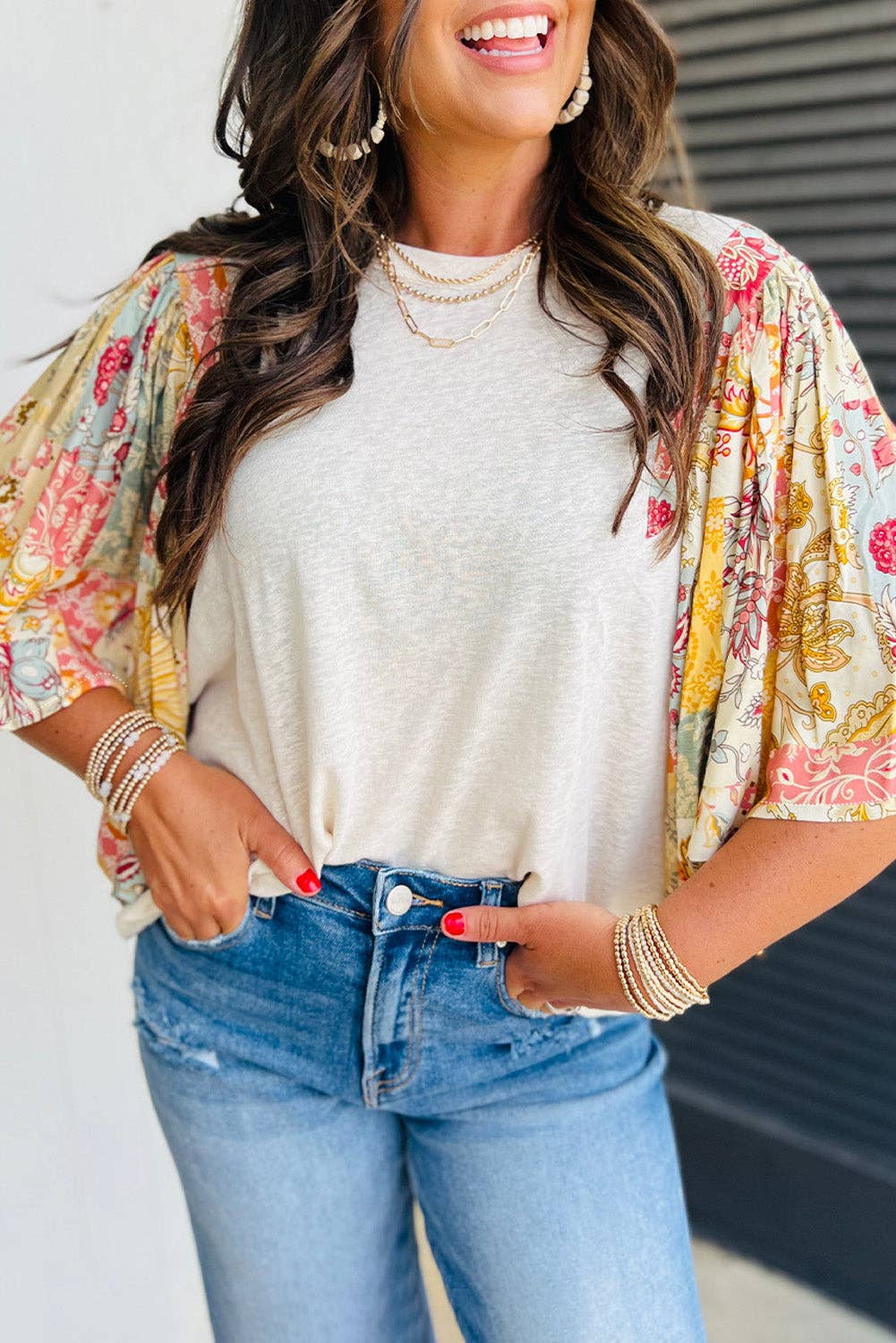 Lovesoft - Beige Floral Patchwork Half Batwing Sleeve Blouse
