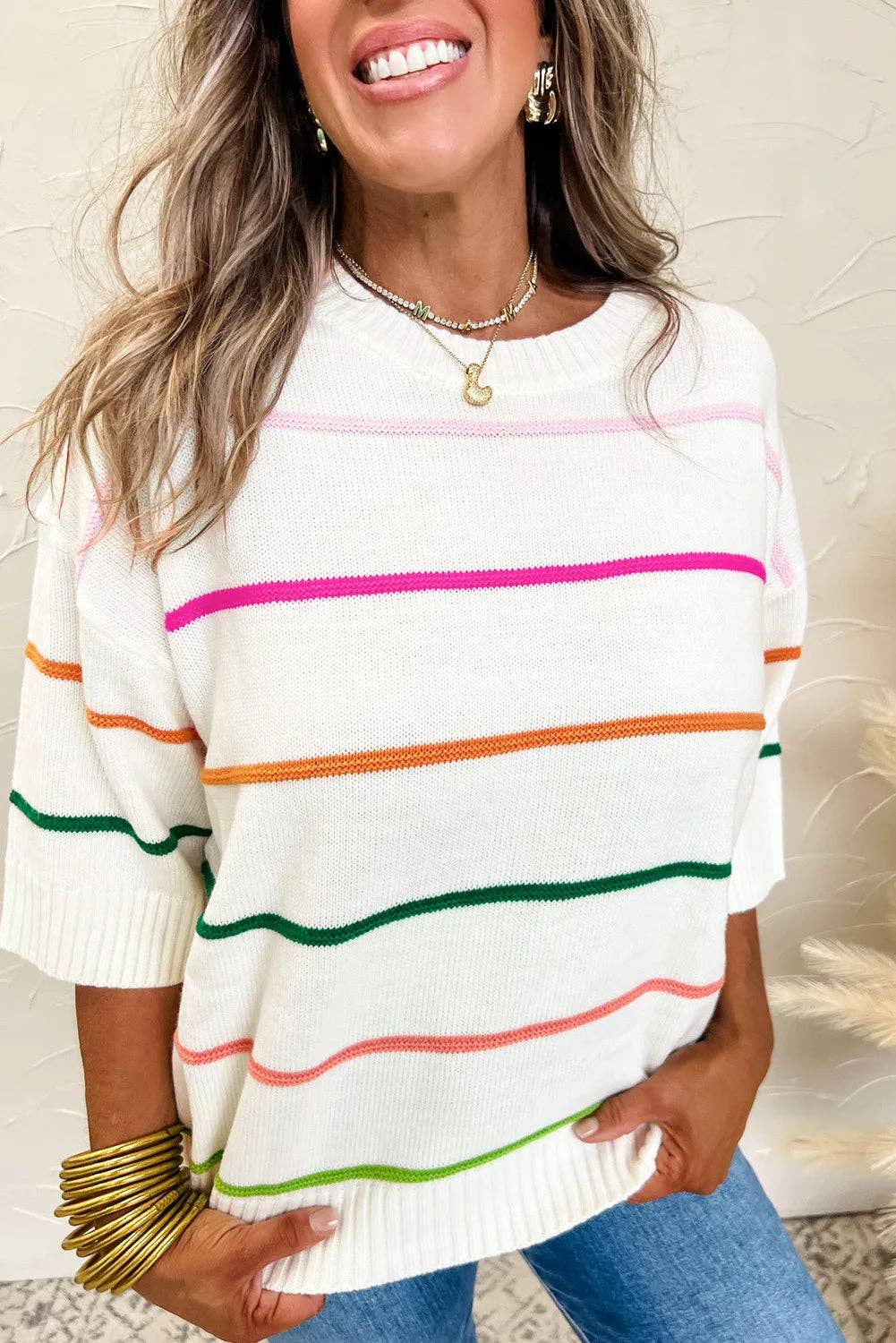 Lovesoft - White Colorblock Striped Half Sleeve Drop Shoulder Sweater