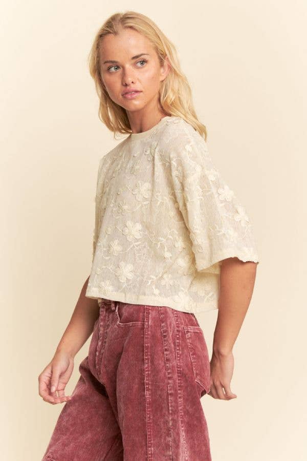 Davi & Dani - FLORAL RUFFLE SHORT SLEEVE BABYDOLL MESH TOP
