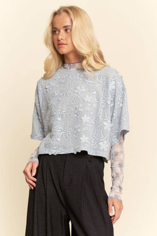 Davi & Dani - FLORAL RUFFLE SHORT SLEEVE BABYDOLL MESH TOP