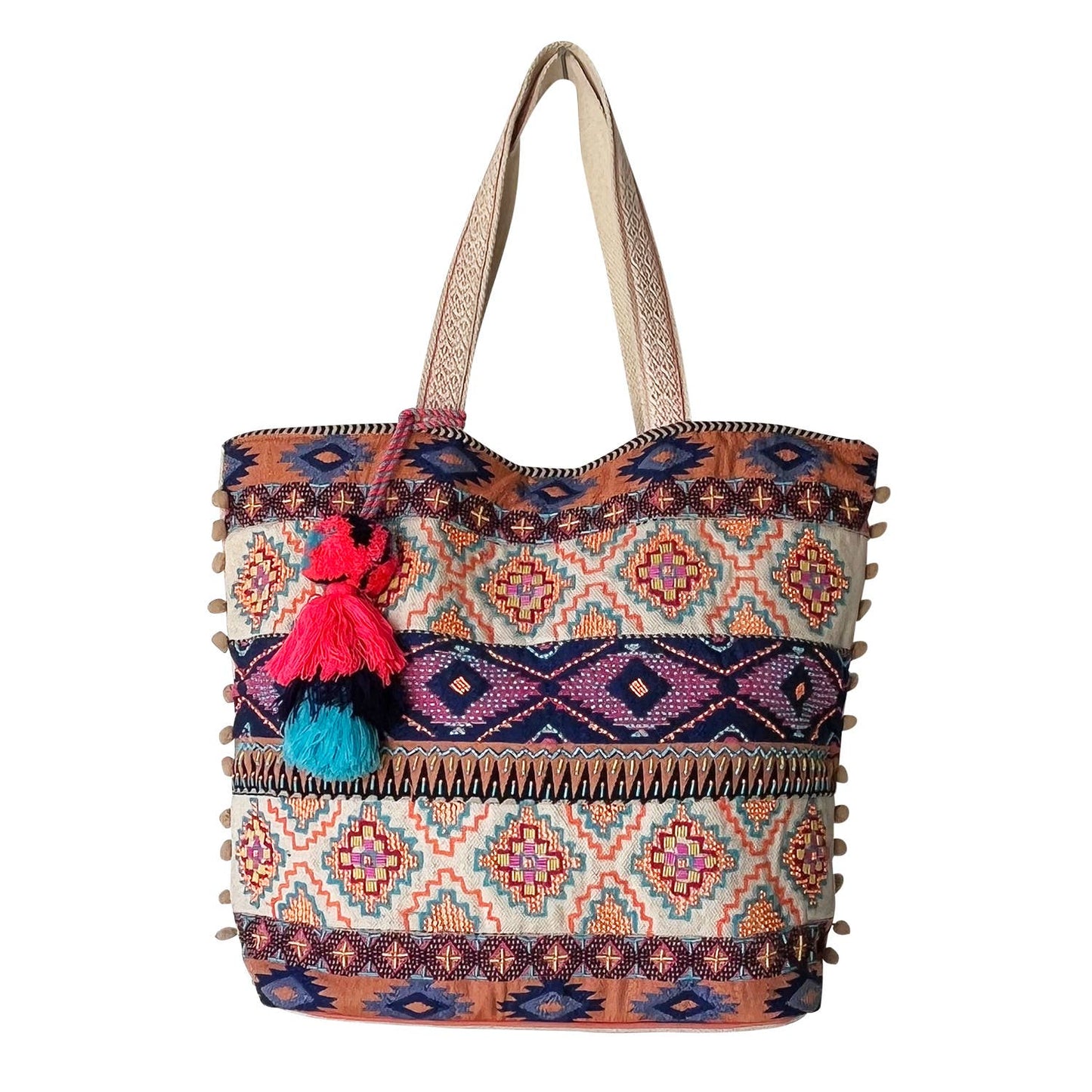 Chloe & Lex - Beaded Celebration Cotton & Leather Spacious Womens Tote Bag