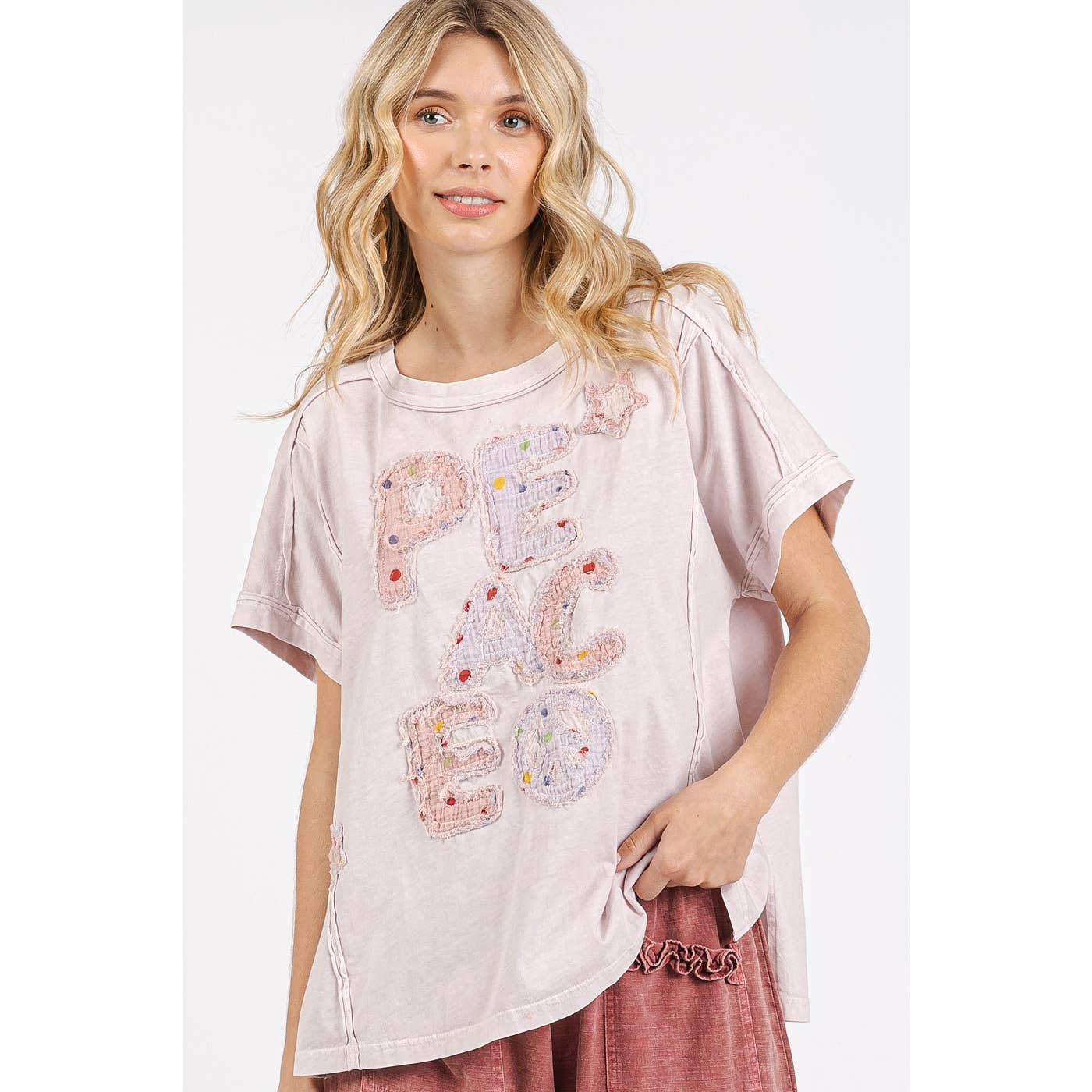 mittoshop - PEACE SIGN LETTERING PATCHWORK SHORT SLEEVE TOP