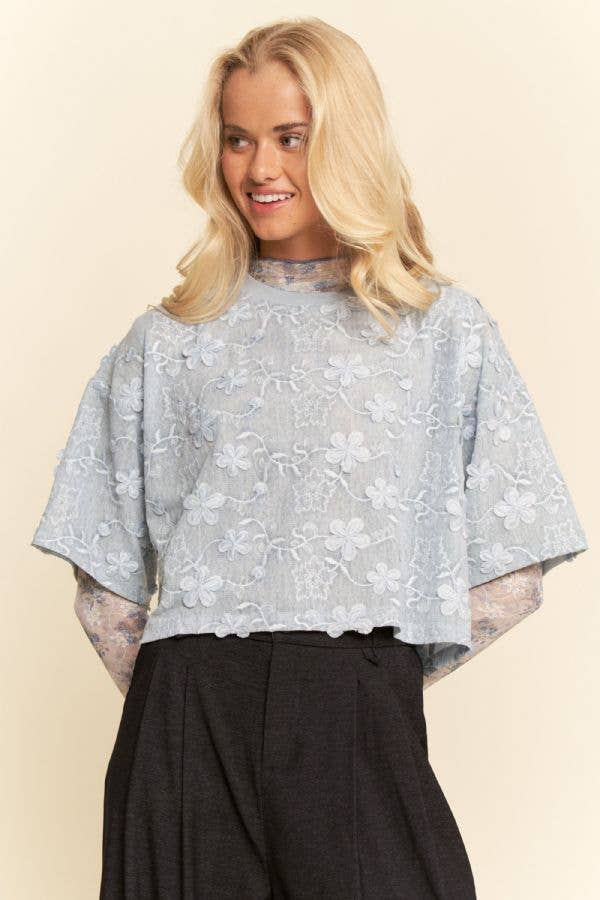 Davi & Dani - FLORAL RUFFLE SHORT SLEEVE BABYDOLL MESH TOP
