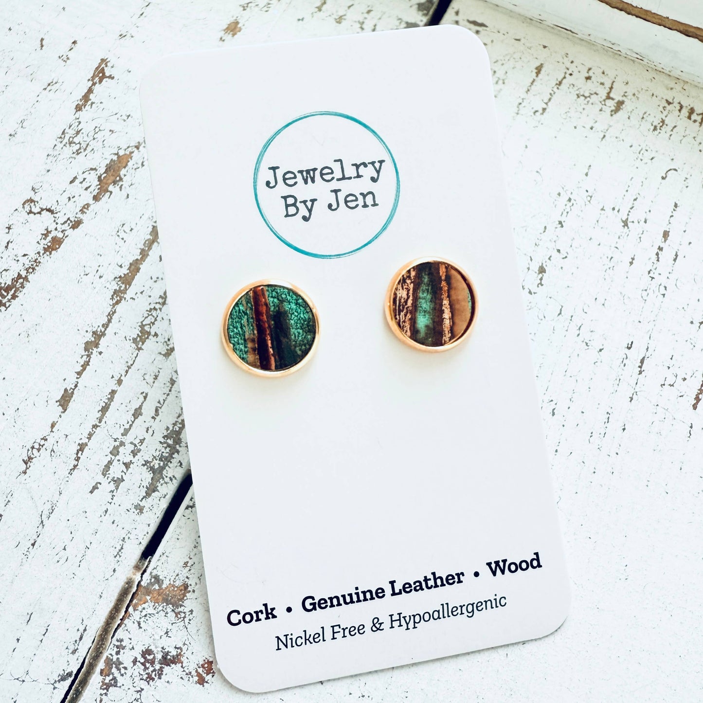 Jewelry By Jen - Stud Earrings: Aqua Bronze