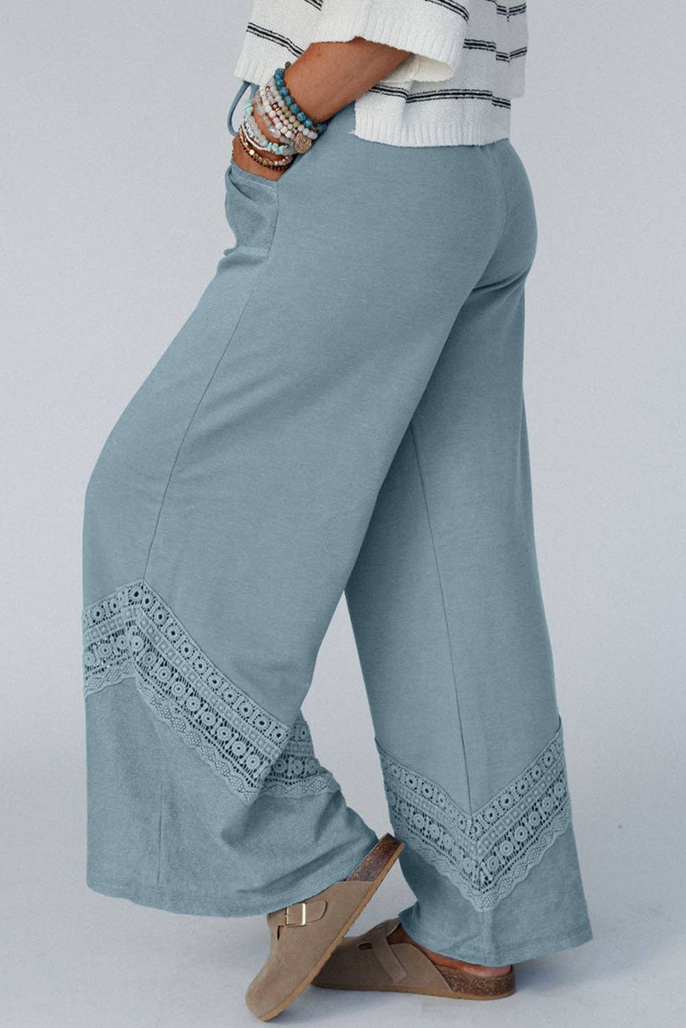 Lovesoft - Dusk Blue Lace Crochet Patched Lace-up High Waist Wide Leg Pants